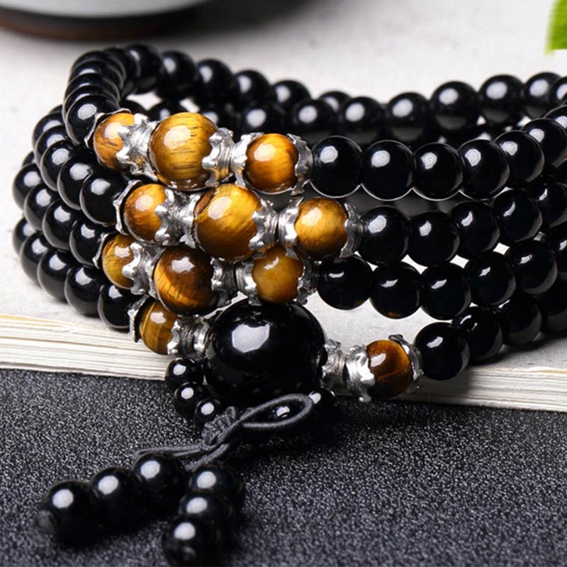 108 Beads Natural Black Obsidian Tiger Eye Mala Bracelet
