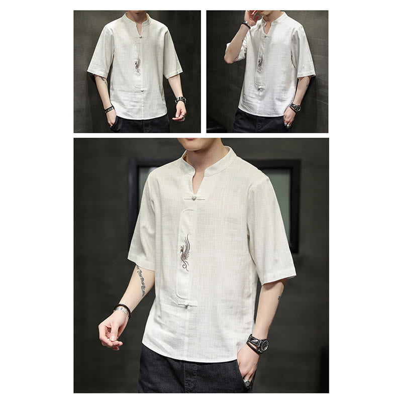 Frog-Button Phoenix Embroidery Chinese Tang Suit Short Sleeve Shirt Cotton Linen Men Clothing