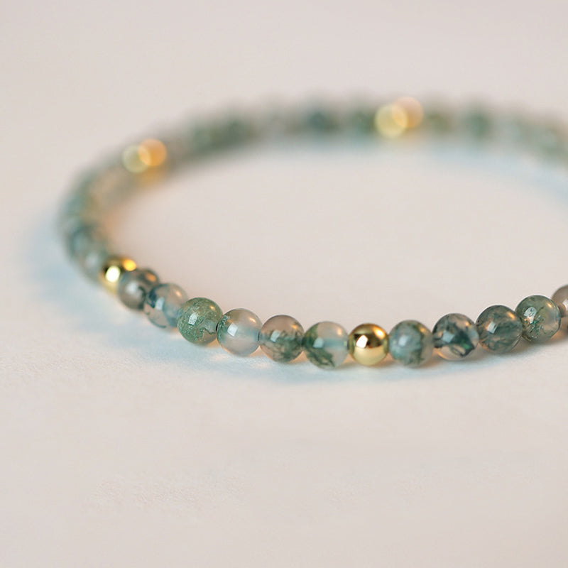 Moss Agate Beaded Bracelet with Copper Golden Accents, Adjustable Fit (14-19cm)