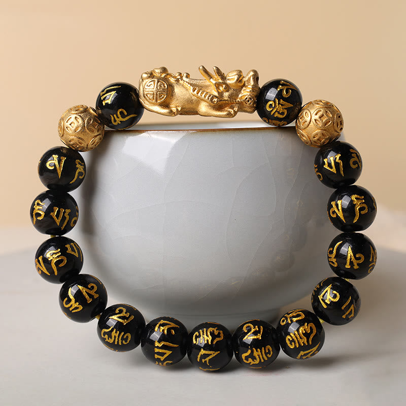 Om Mani Padme Hum Inscribed Black Obsidian & Agate Pixiu Beaded Bracelet