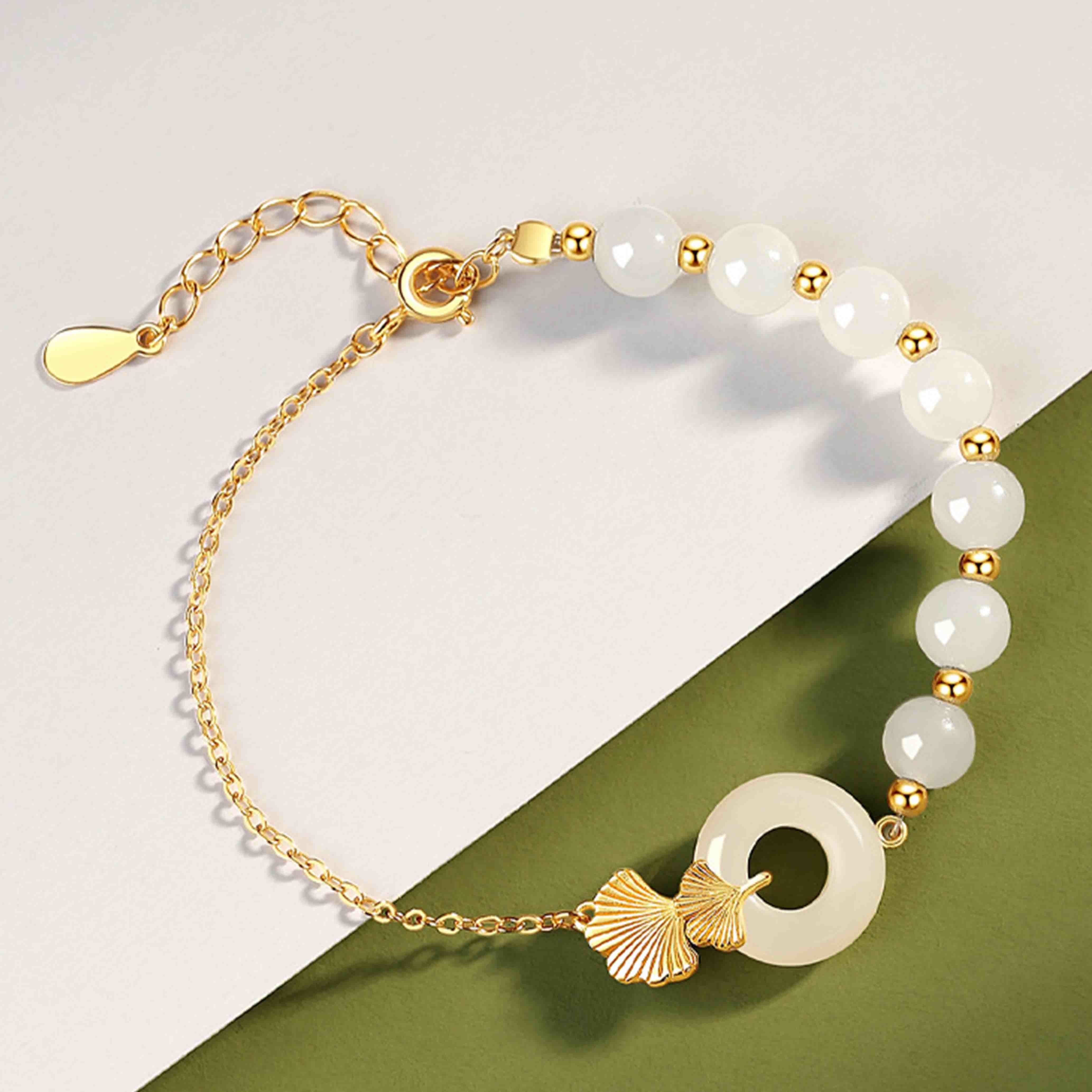 925 Sterling Silver Hetian White Jade Peace Buckle Ginkgo Leaf Luck Bracelet