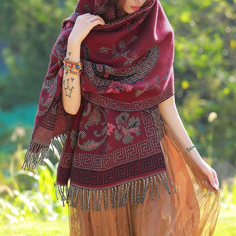 Tibetan Flowers Leaves Pattern Design Shawl Cozy Travel Scarf Wrap