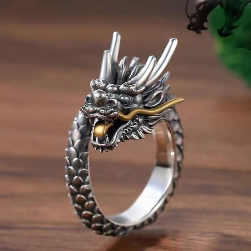 925 Sterling Silver Vintage Dragon Design Protection Strength Adjustable Ring