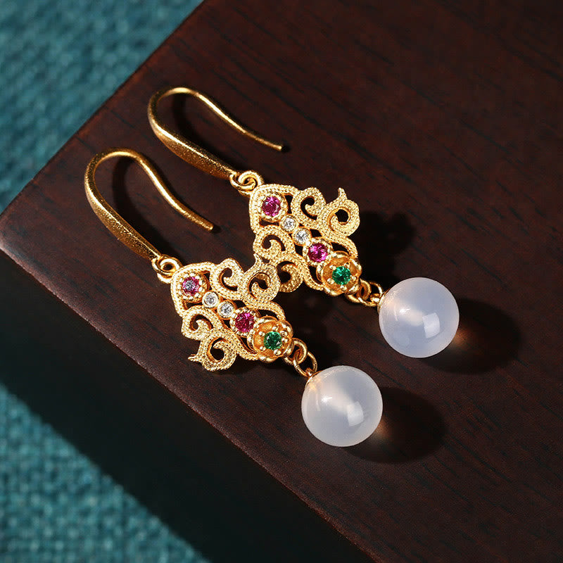 24K Gold Plated Round Chalcedony Positive Dangle Drop Earrings