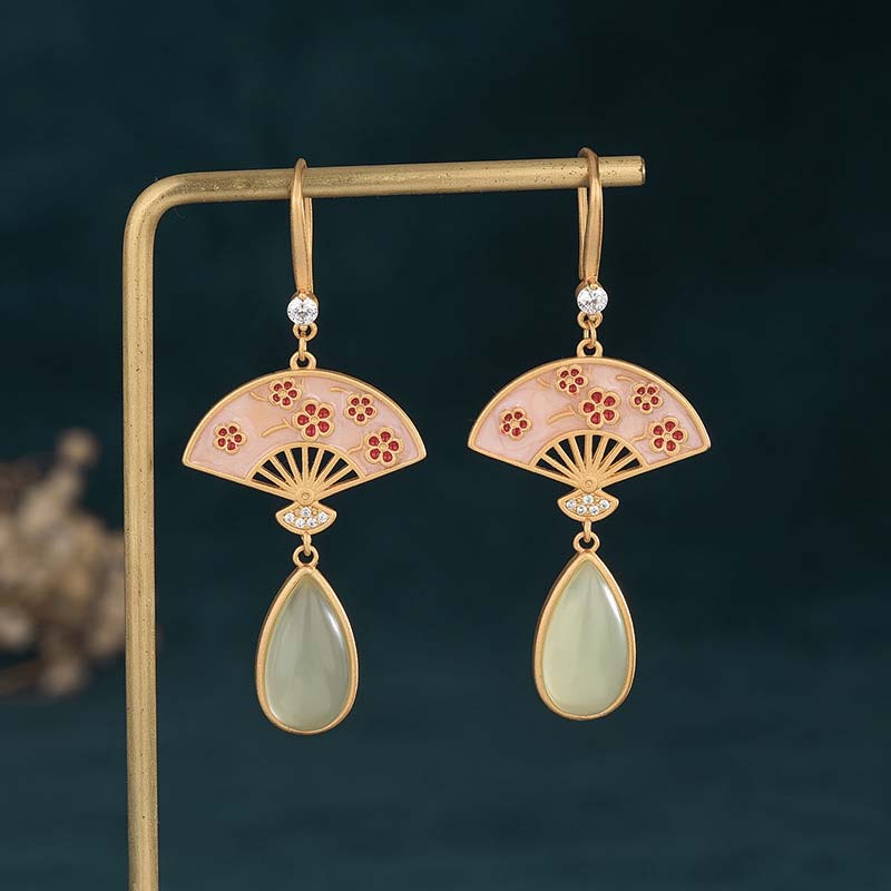 Natural Green Aventurine Fan Pattern Luck Drop Earrings