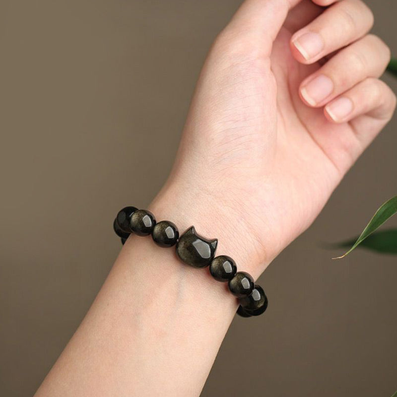 Handmade Gold & Silver Sheen Obsidian Feline Motif Beaded Bracelet