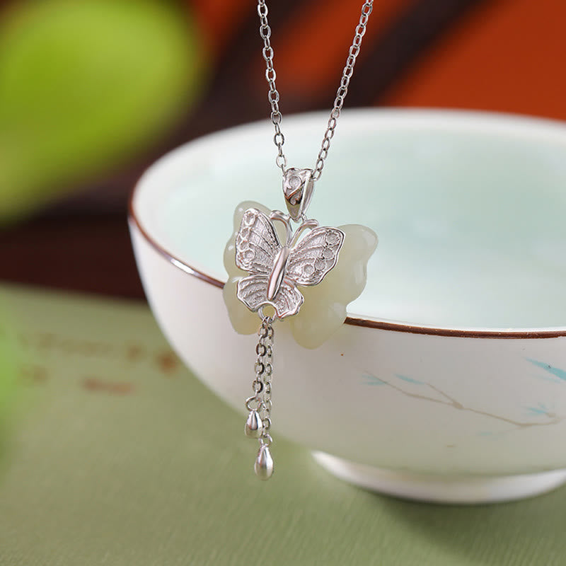 925 Sterling Silver Plated Gold Hetian White Jade Butterfly Blessing Necklace Pendant