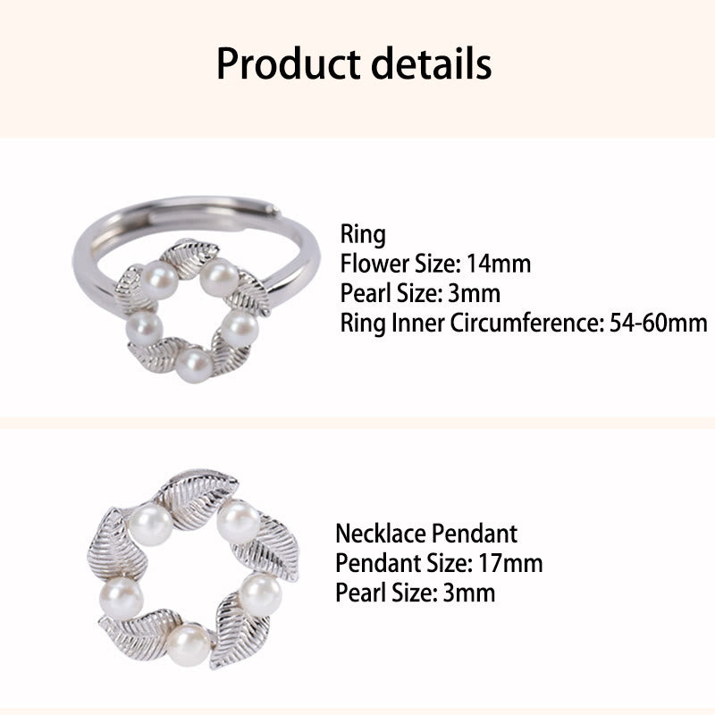 925 Sterling Silver Pearl Leaf Design Healing Wisdom Necklace Pendant Ring Earrings Set