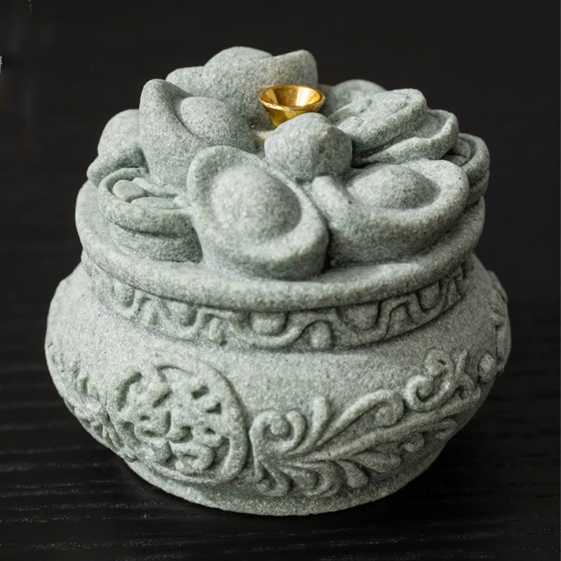 Goldstone Sycee Ingot Incense Burner with Fu Symbol Desk Meditation Tool