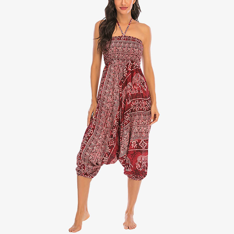 Two Style Wear Elephant Pattern Loose Smocked Harem Trousers Jumpsuit Women's Yoga Pants