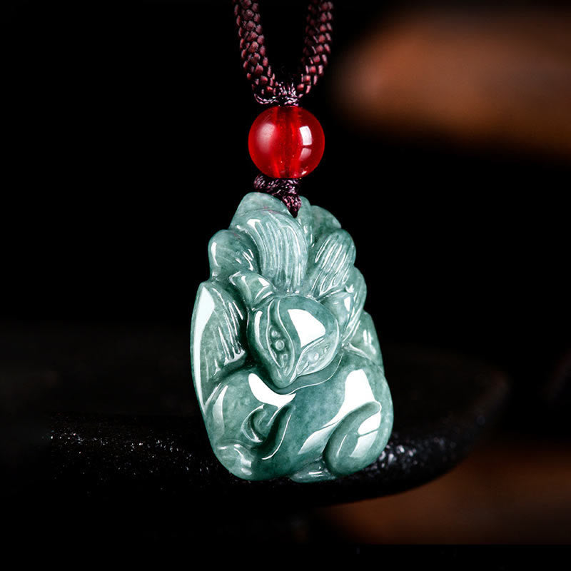 Natural Green Jade Nine Tailed Fox Engraved Prosperity Necklace Pendant