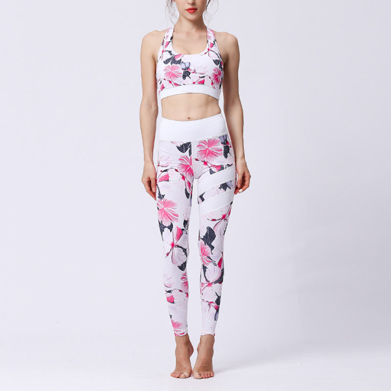 2Pcs Sunflower Flowers Leaves Print Top Pants Sports Fitness Yoga Women's Yoga Sets