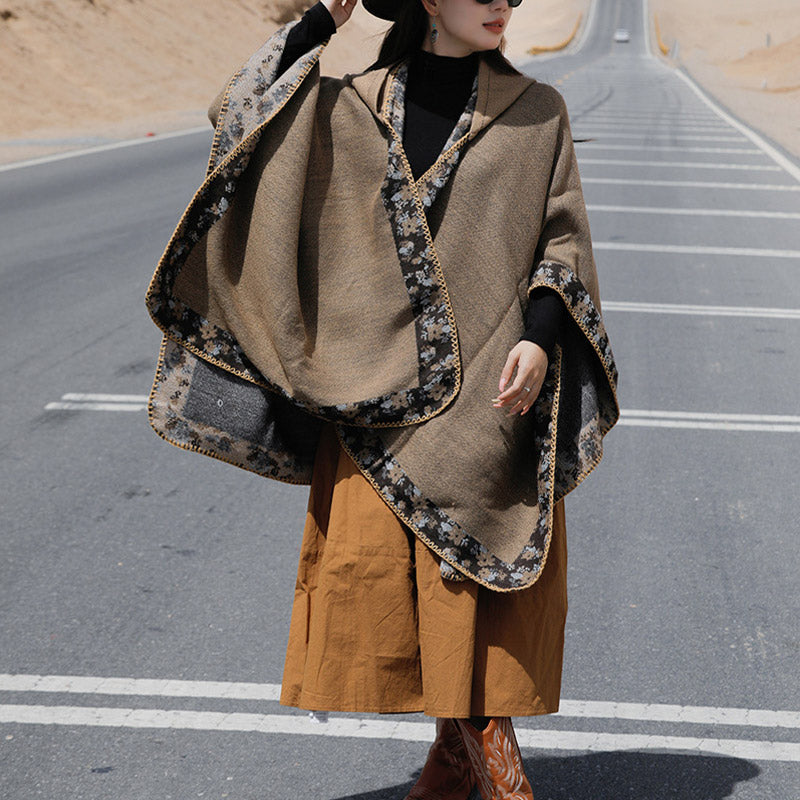 Tibetan Shawl Border Small Floral Flower Hooded Cloak Winter Cozy Travel Scarf Wrap