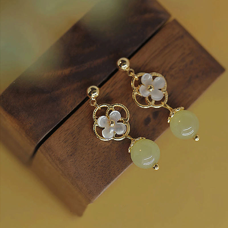 Tridacna Stone Flower Jade Bead Blessing Drop Earrings