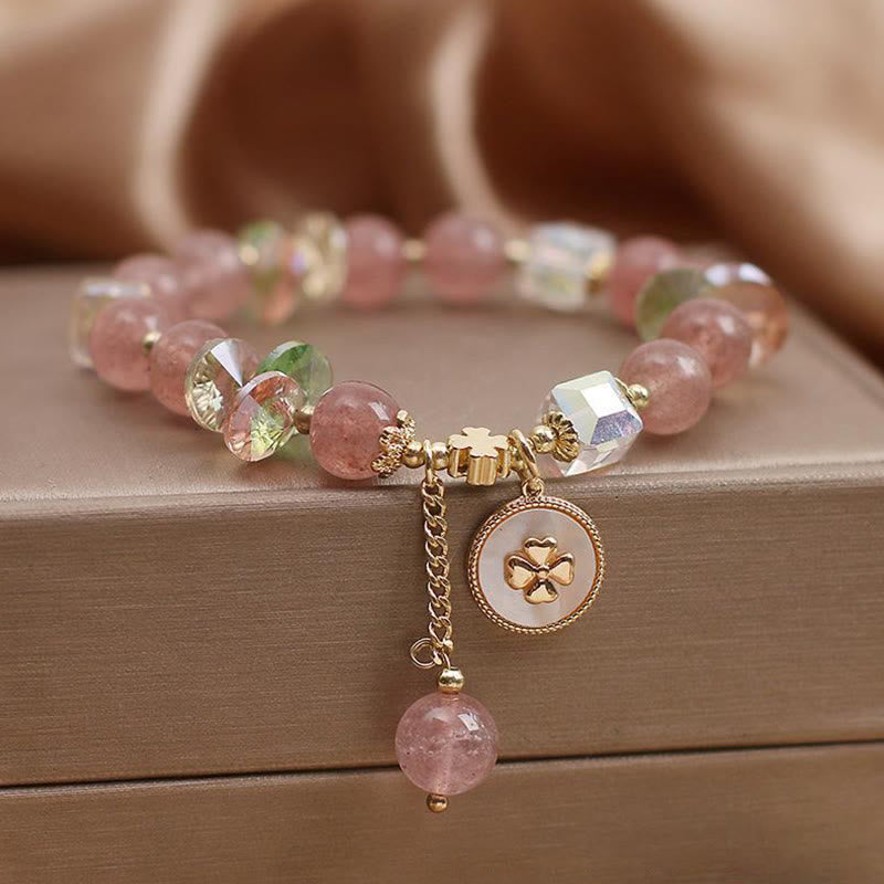 Strawberry Quartz Lucky Four Leaf Clover Healing Charm Bracelet