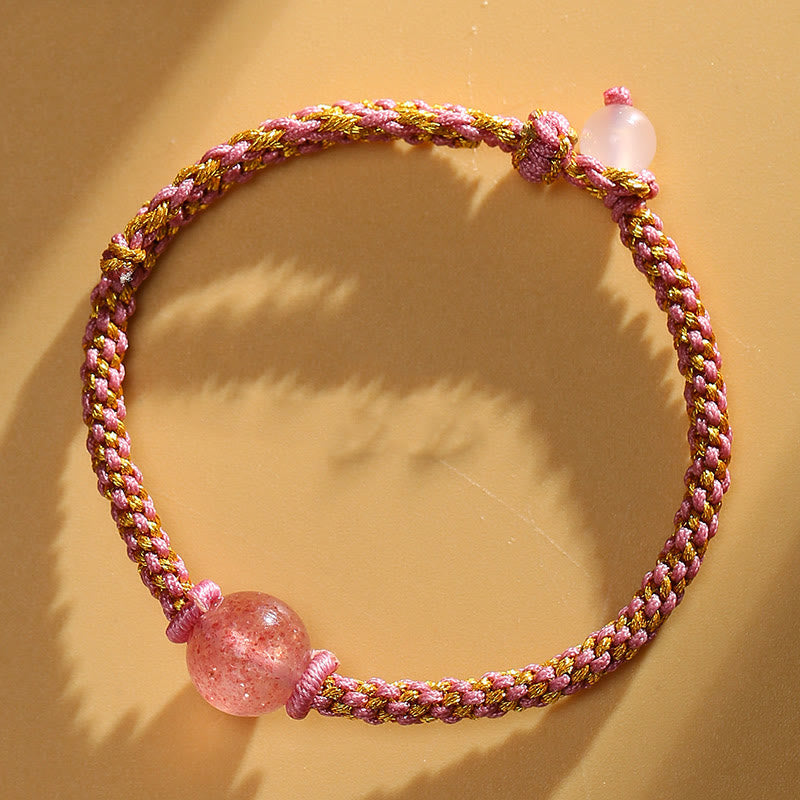 Handmade Red Agate Amethyst Golden Rutilated Quartz Pink Crystal Bead Calm Braided Bracelet