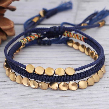 Handmade Tibetan Copper Beads & Endless Knot Woven Bracelet Set - 3 Pieces