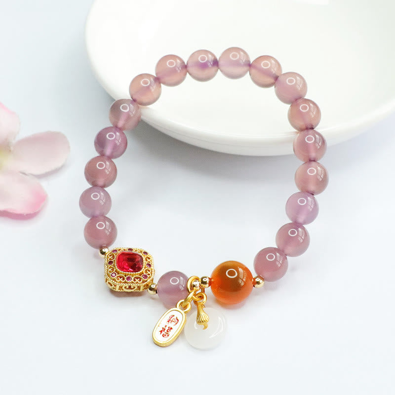 Natural Purple Chalcedony Candy Agate Peace Buckle Harmony Lucky Fortune Charm Bracelet