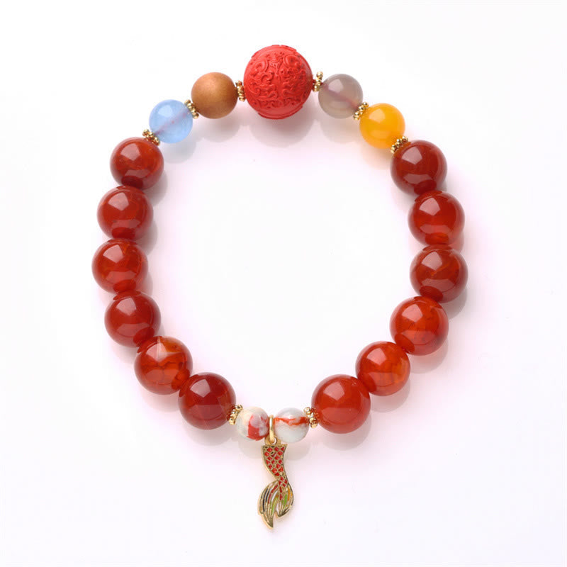 Natural Red Agate & Shoushan Stone Dragon Fu Charm Peace Talisman Bracelet