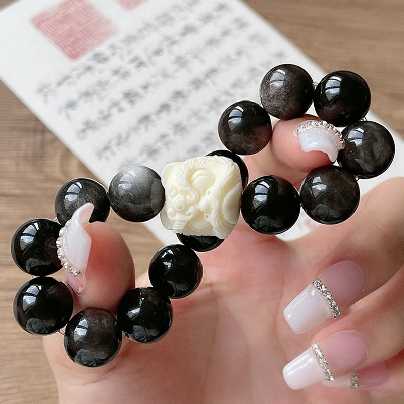 Silver Sheen Obsidian Bodhi Seed Ivory Fruit Dancing Lion Protection Bracelet
