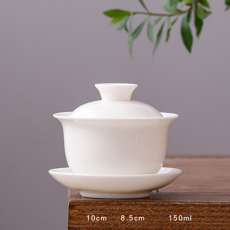 White Porcelain Mountain Landscape Countryside Ceramic Gaiwan Teacup Kung Fu Tea Cup And Saucer With Lid
