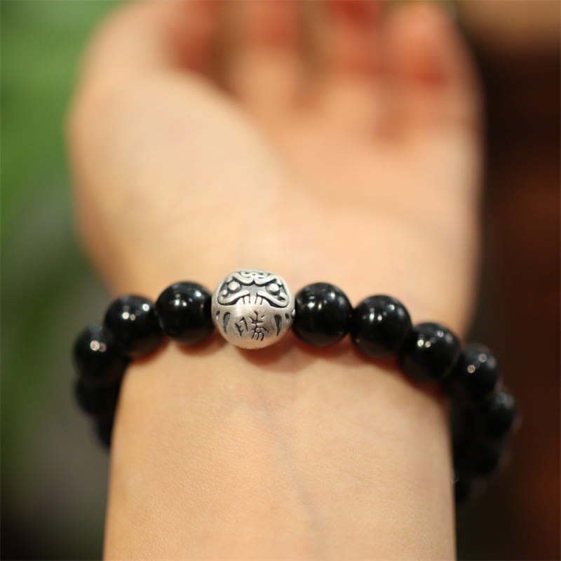Engraved 925 Sterling Silver and Black Onyx Beaded Bracelet