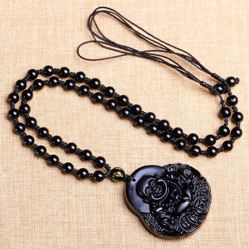 Laughing Buddha Black Obsidian Strength Protection Pendant Necklace