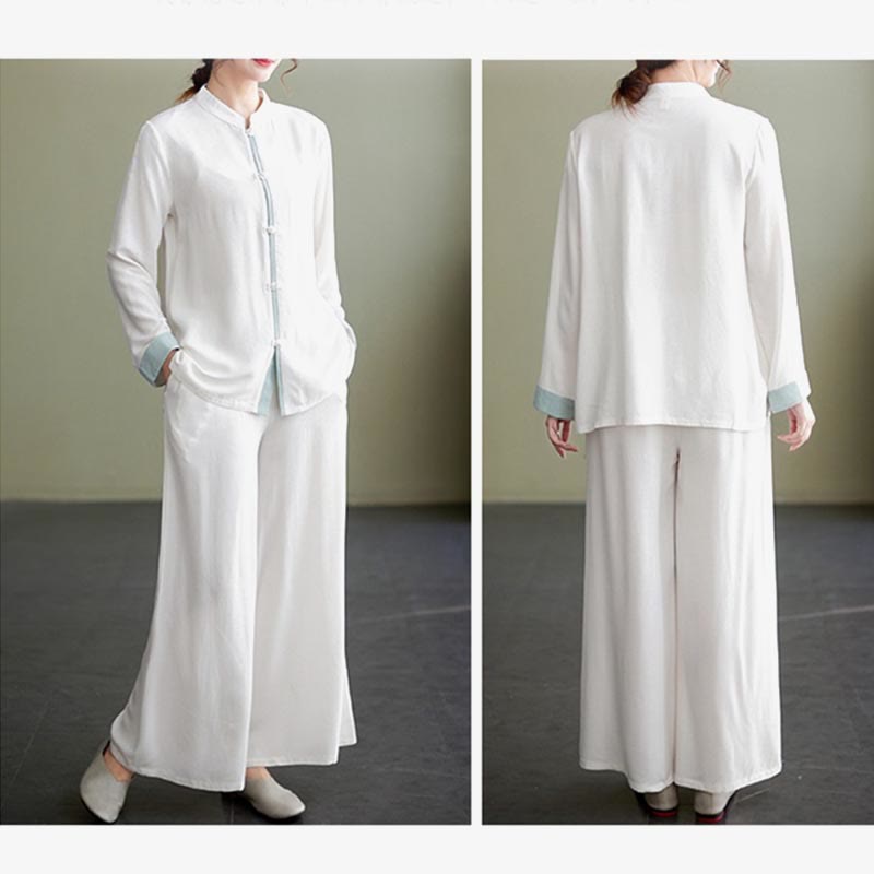 2Pcs Tang Suit Long Sleeve Shirt Top Pants Meditation Zen Tai Chi Cotton Linen Clothing Women's Set