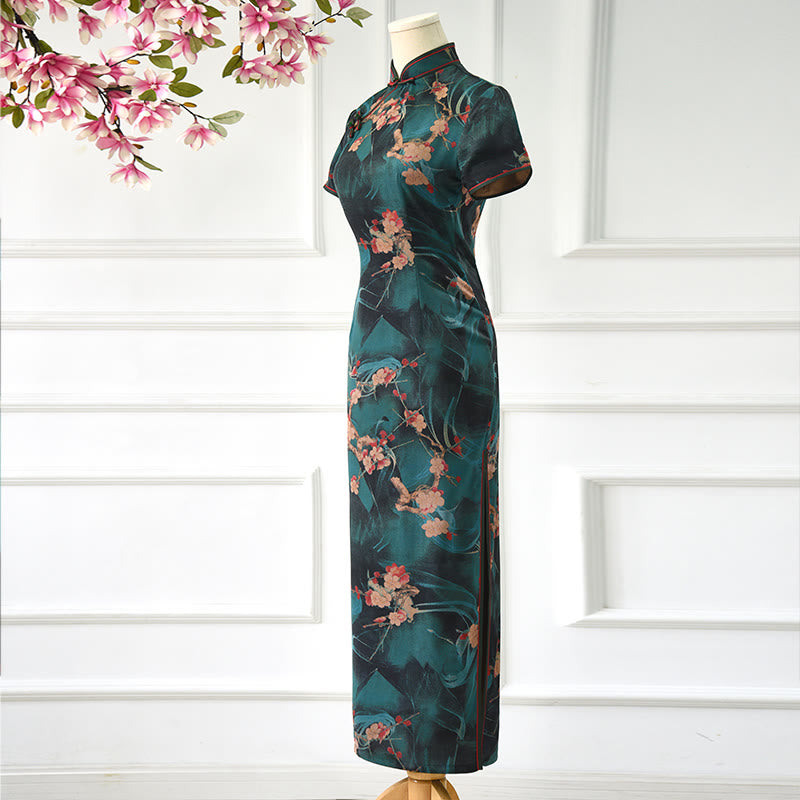 Vintage Pink Flowers Print Cheongsam Dress Women's Qipao Dress