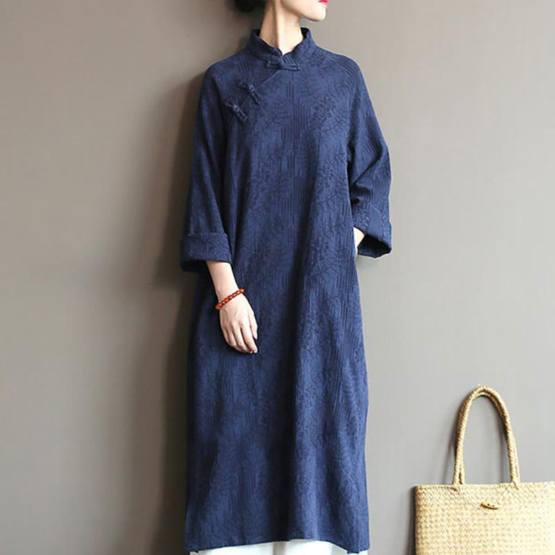 Flower Jacquard Midi Dress Long Sleeve Cotton Linen Dress Wide Leg Pants With Pockets