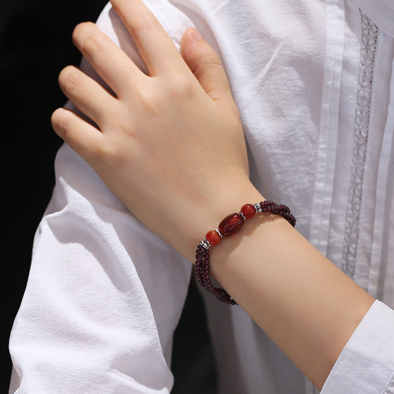 Natural Garnet Red Agate Protection Triple Layer Bracelet