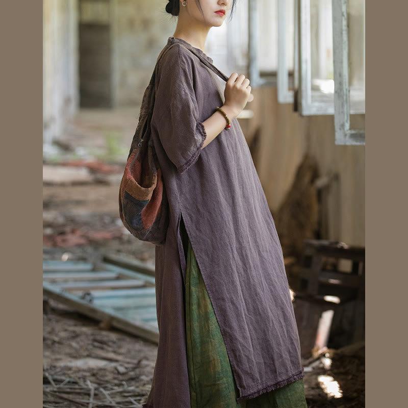 Mid Length Dress Ramie Linen Half Sleeve Split Hem Top T-Shirt