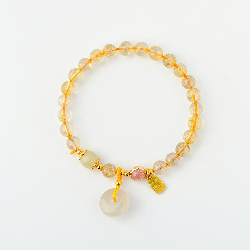 Natural Golden Rutilated Quartz Fu Character Peace Buckle Charm Wealth Bracelet