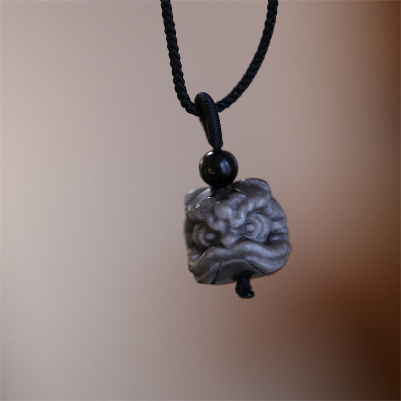 Natural Silver Sheen Obsidian Dancing Lion Protection Necklace Pendant