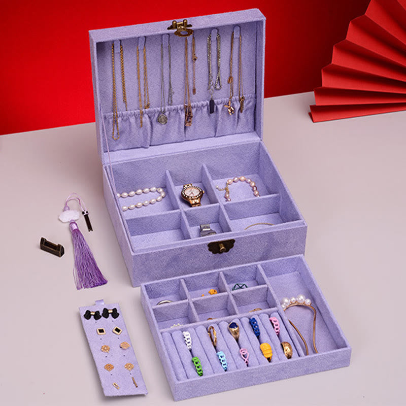 Elegant Two-Layer Flannel Jewelry Box Organizer with Secure Lock