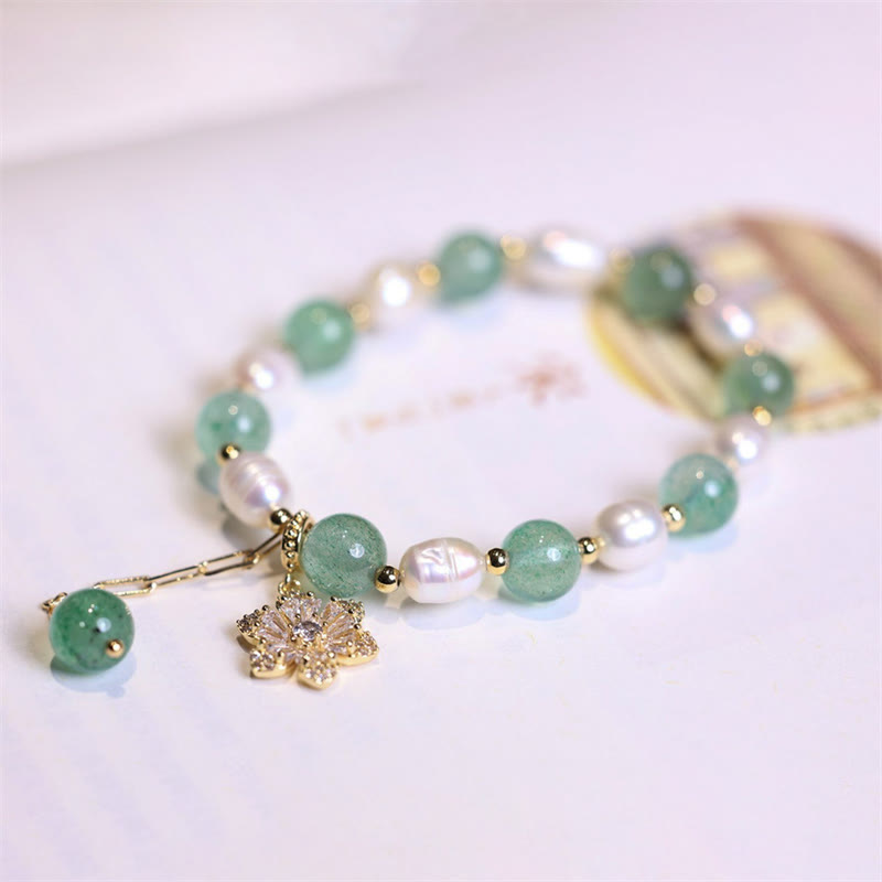 Handcrafted Green Strawberry Quartz and Pearl Flower Charm Gold Accent Bracelet