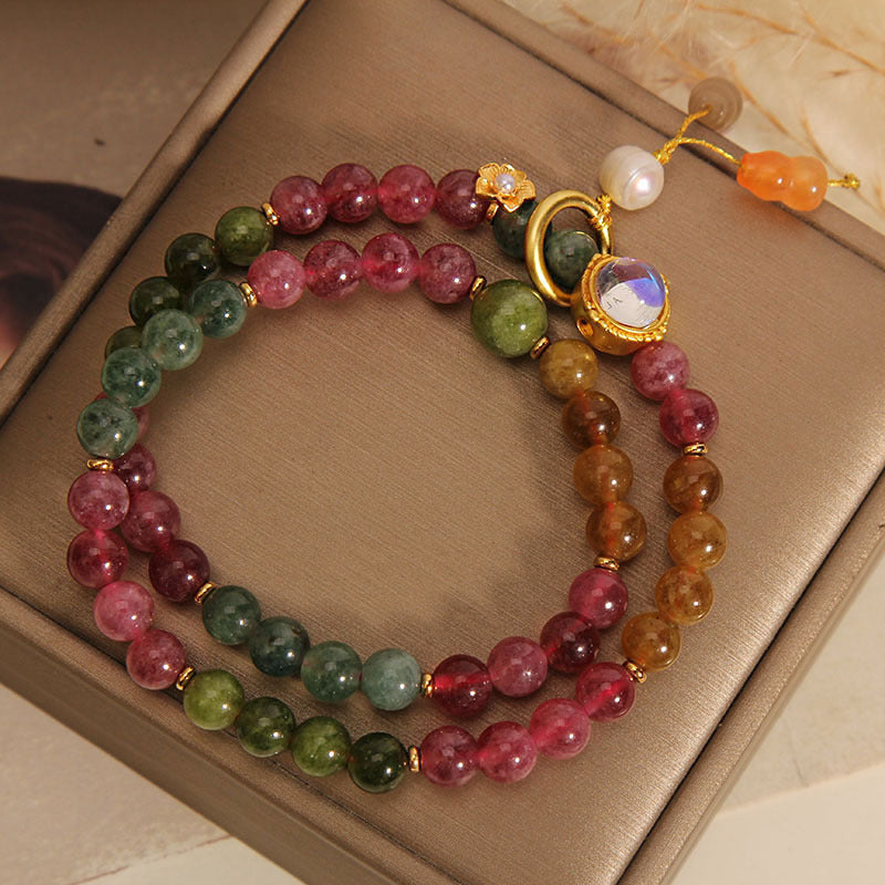Multicolored Tourmaline Double Wrap Bracelet with Wu Lou Gourd Charm