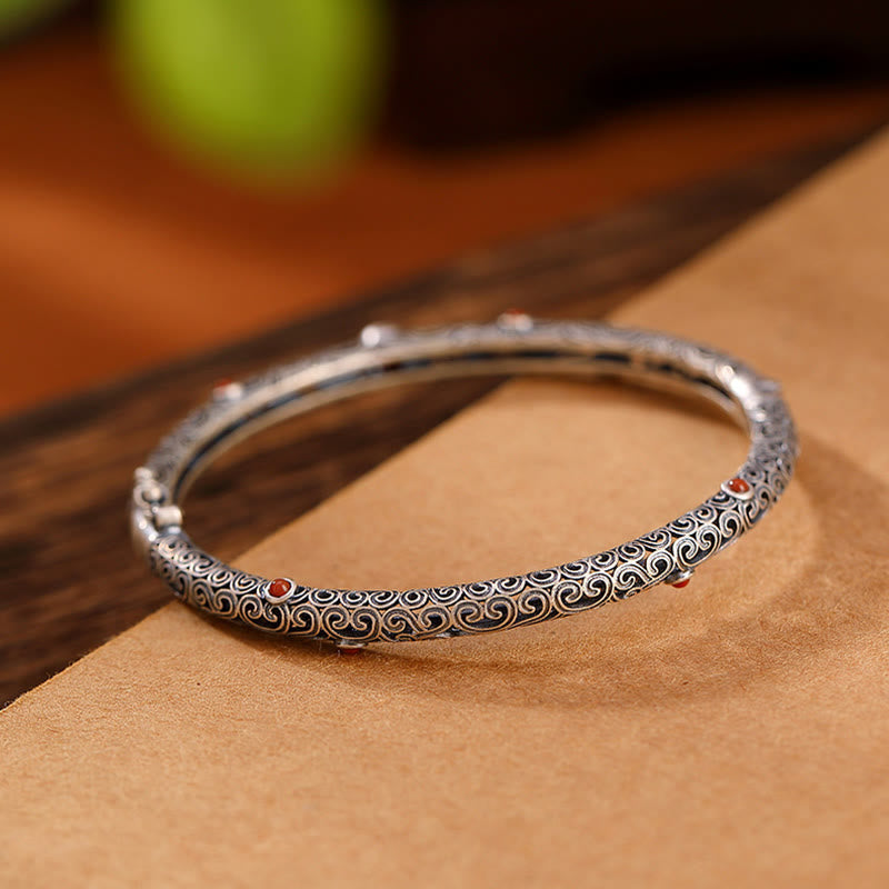 Vintage Tang Dynasty Flower Design Engraved Red Agate Copper Luck Bracelet Bangle