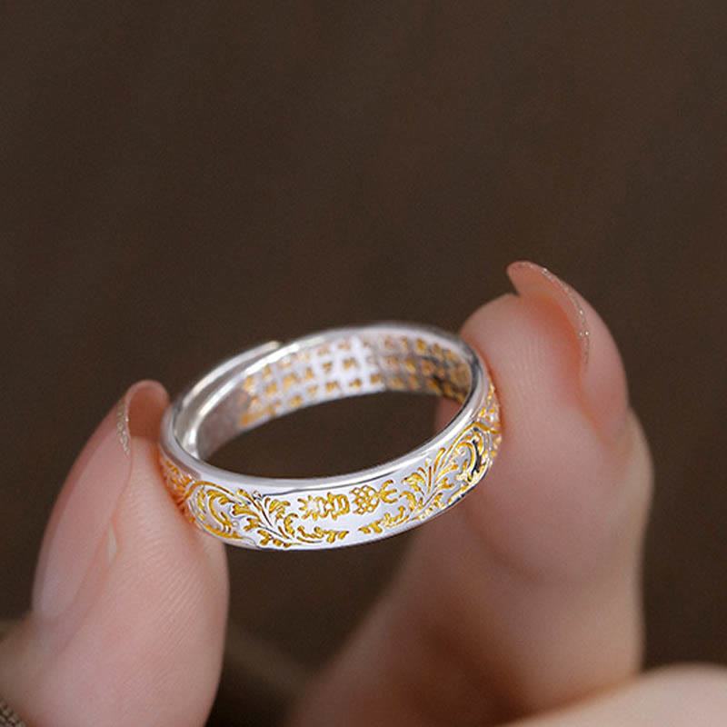 Peace and Joy Tang Dynasty Flower Design Lotus Heart Sutra Carved Copper Luck Adjustable Ring