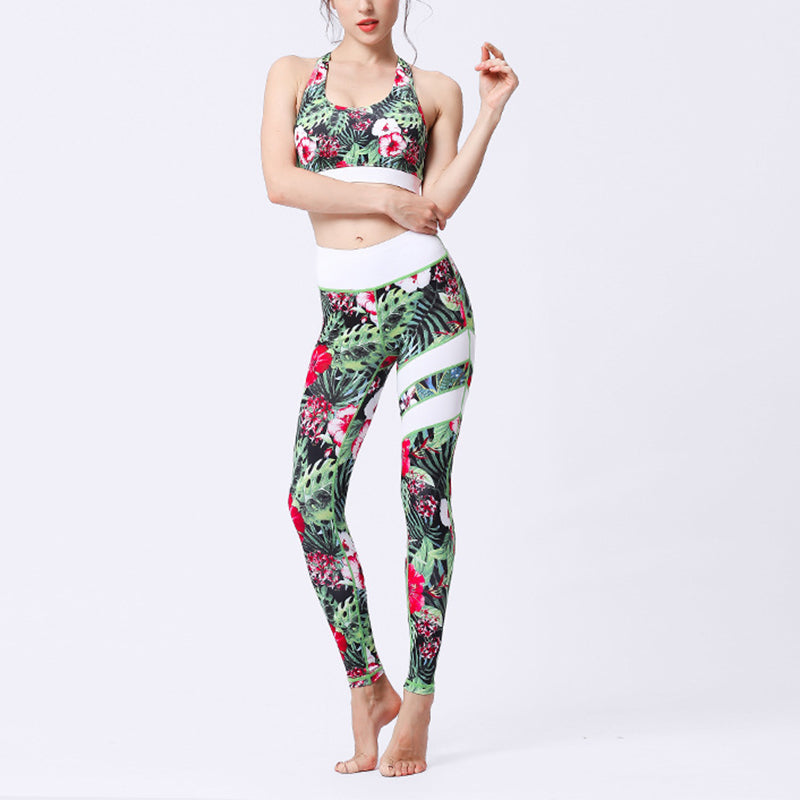 2Pcs Sunflower Flowers Leaves Print Top Pants Sports Fitness Yoga Women's Yoga Sets