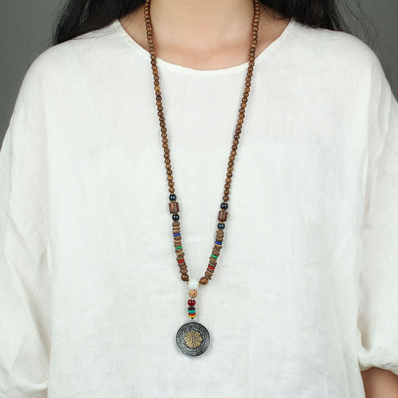 Tibetan Om Mani Padme Hum Prayer Wheel Rotation Vajra Wood Necklace Pendant