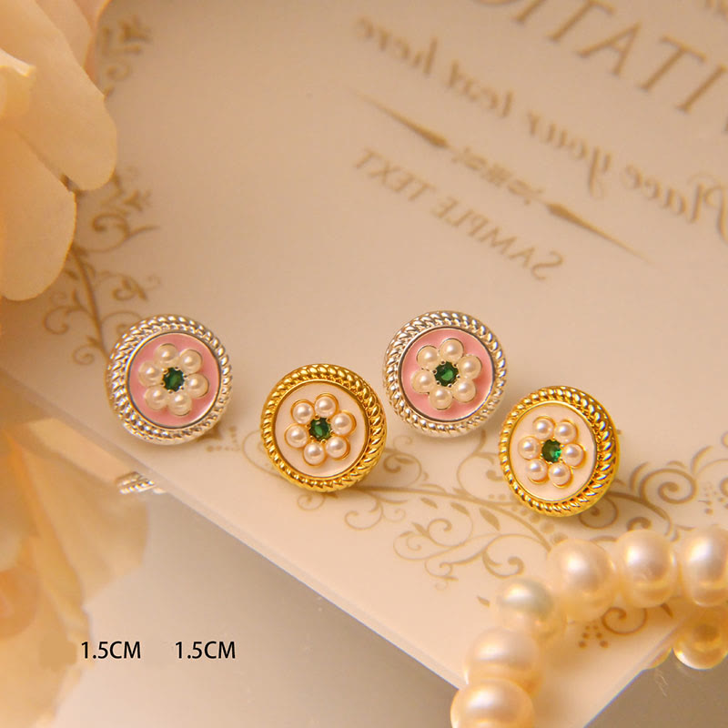 Gold & Sterling Silver Enamel Flower Earrings with Copper Accents