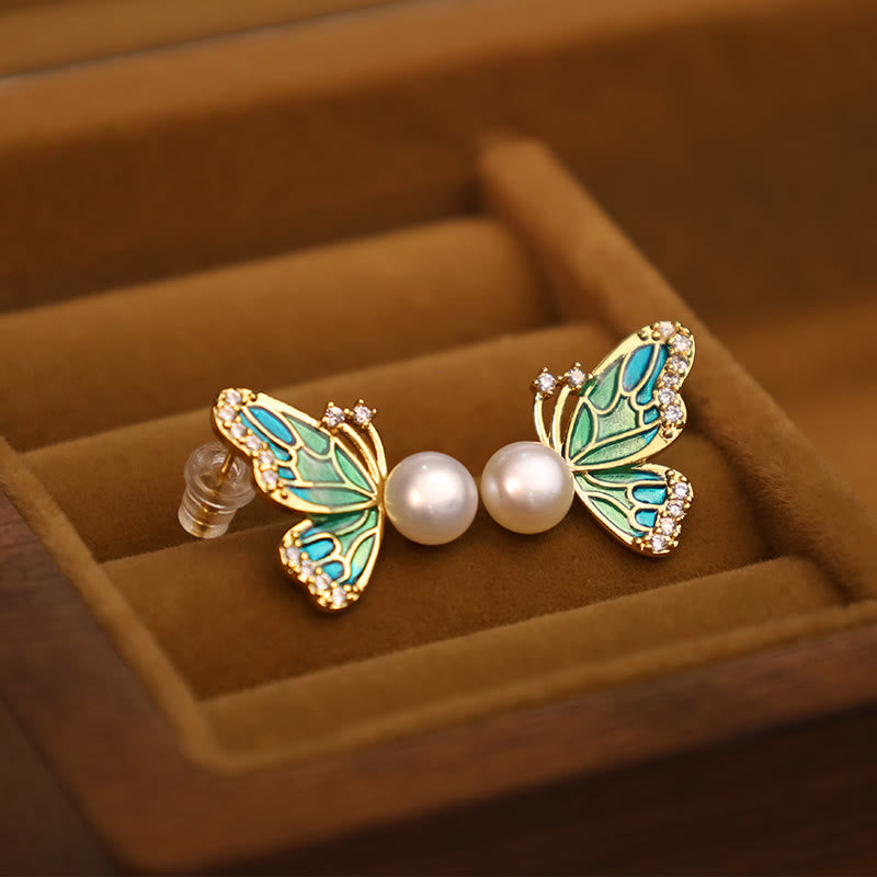 925 Sterling Silver Posts 18K Gold Plated Copper Natural Pearl Butterfly Healing Stud Earrings