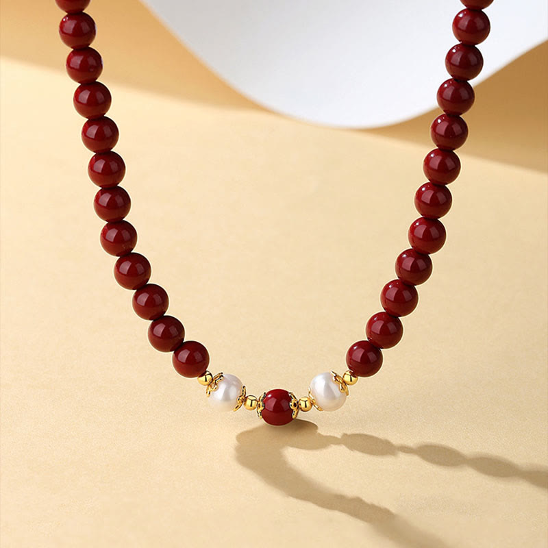 925 Sterling Silver Natural Cinnabar Pearl Blessing Necklace Pendant Bracelet Earrings Jewelry Set