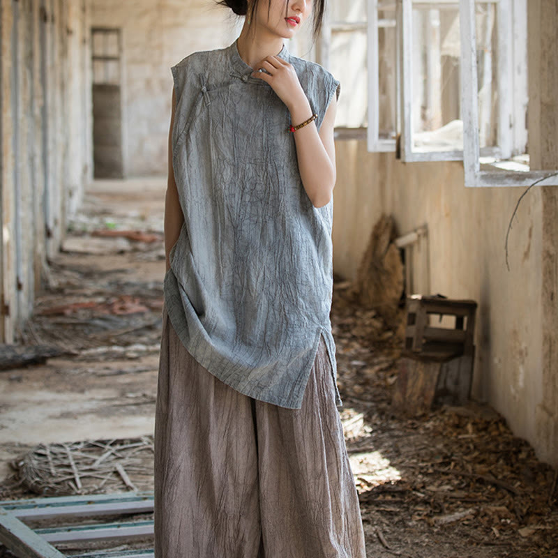 Handmade Tie Dye Ramie Linen Frog-Button Sleeveless Vest