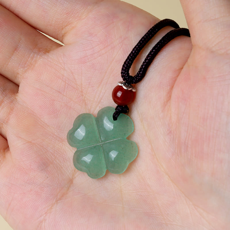 925 Sterling Silver Green Aventurine Four Leaf Clover Luck Leather Rope Necklace Pendant