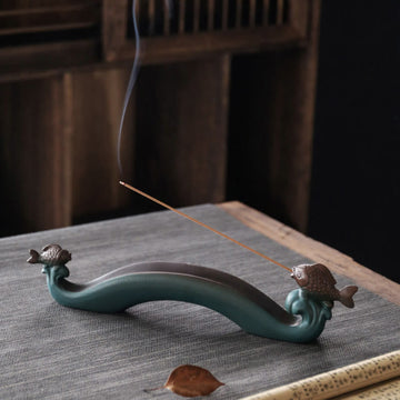Handcrafted Mountain & Koi Fish Ceramic Stick Incense Burner for Meditation