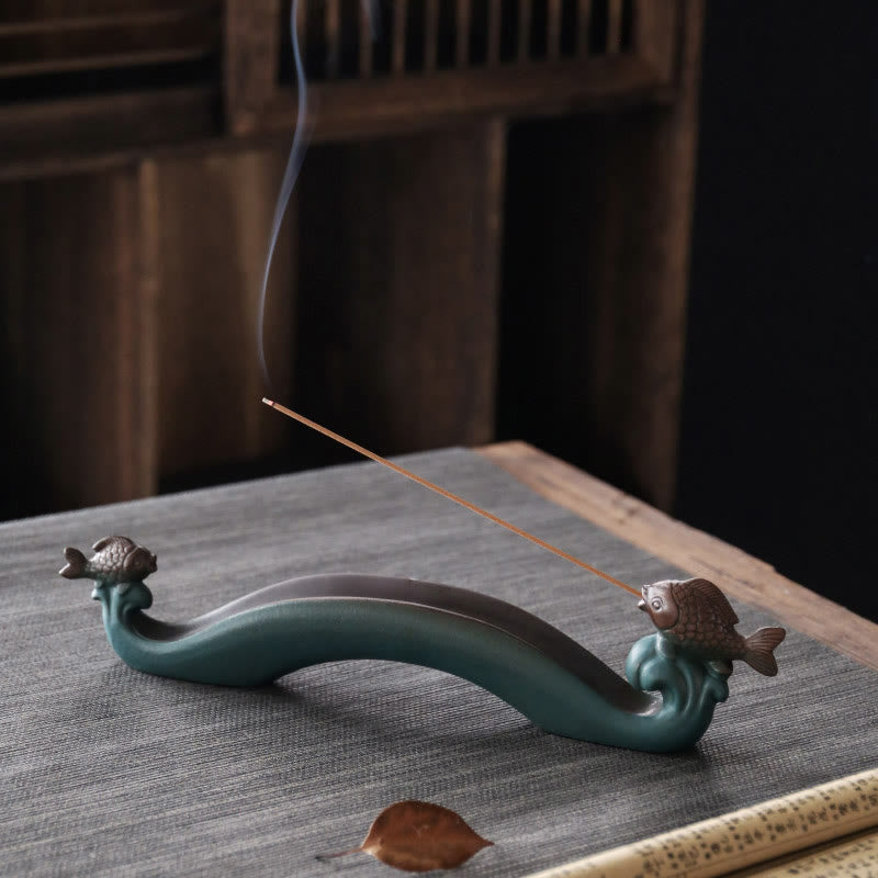 Handcrafted Mountain & Koi Fish Ceramic Stick Incense Burner for Meditation