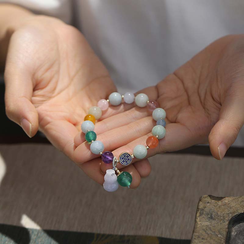 Multi-Gemstone Wu Lou Gourd 10mm Beaded Bracelet with Jade, Rose Quartz, Citrine & Amethyst