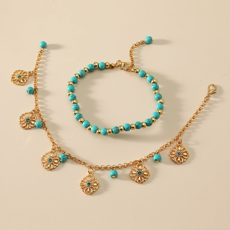 2Pcs Turquoise Flower Charm Bracelet and Anklet Set